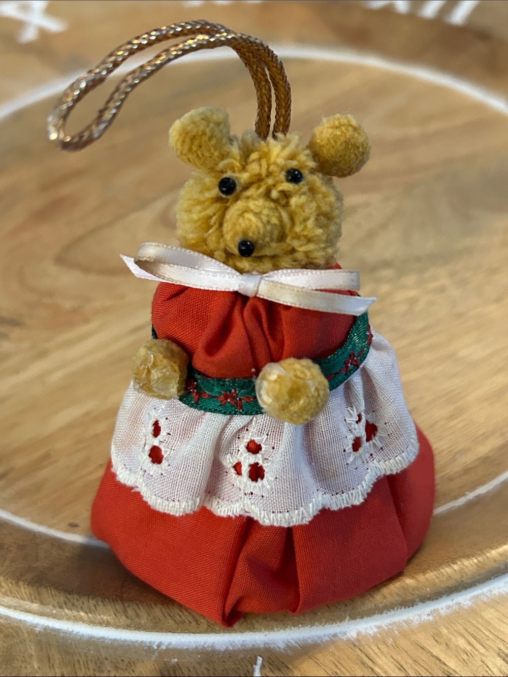 Handcrafted Red teddy Bear Holiday Christmas tree Ornament with lace Trim